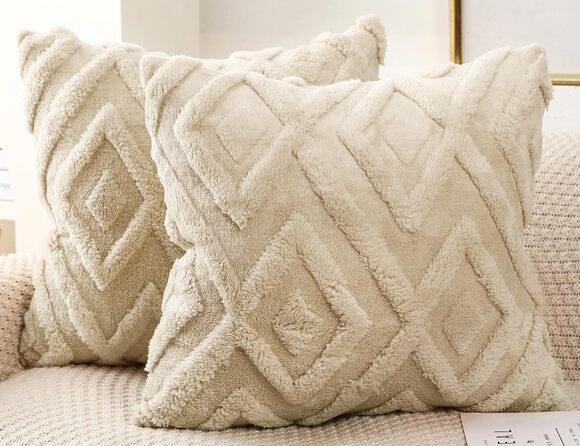 Other - 6198 Set of 2 Faux Fur Beige Throw Pillow Covers 18x18,Soft Checkborad